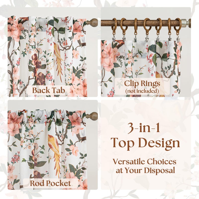 Seeluck Spring Beige White and Pink Floral Bird Linen Curtains 84 Inches Long for Living Room 2 Panels Back Tab Vintage Farmhouse Semi Sheer Cream Ivory Print Flower Leaf Window Drapes for Dining Room Bedroom - Image 5