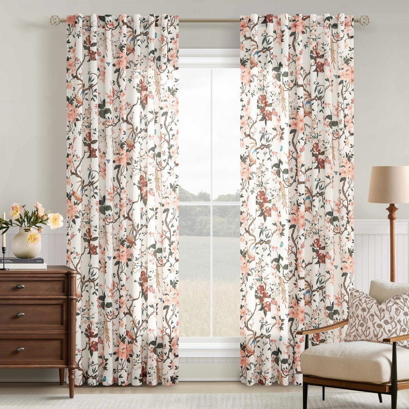 Seeluck Spring Beige White and Pink Floral Bird Linen Curtains 84 Inches Long for Living Room 2 Panels Back Tab Vintage Farmhouse Semi Sheer Cream Ivory Print Flower Leaf Window Drapes for Dining Room Bedroom - Image 1