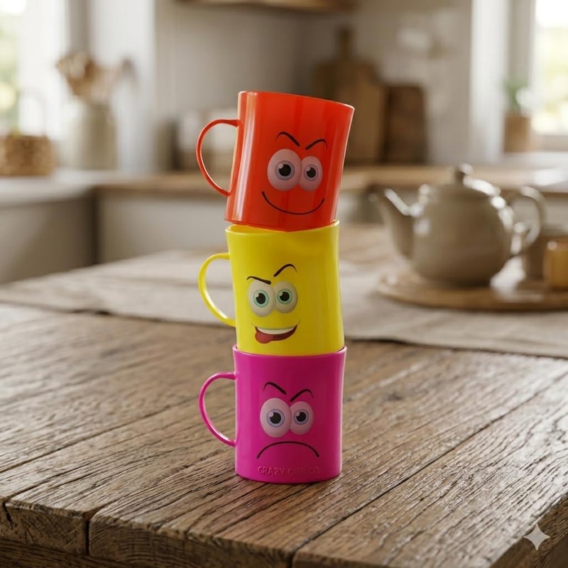 Crazy Cups Crazy Cup Co. Funky Plastic Mugs Set, Red, Random color, 400ml, Cartoon Face Design, BPA-Free PET, 3 Pieces - Image 2