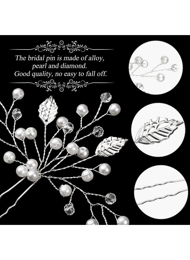 WILLBOND WILLBOND 8 Pcs Bride Wedding Pearls Hair Pins Bridal Leaf Flower Hair Pins Wedding Hair Accessories Rhinestone Bridesmaid Hair Pieces for Women(Silver)  - Image 3