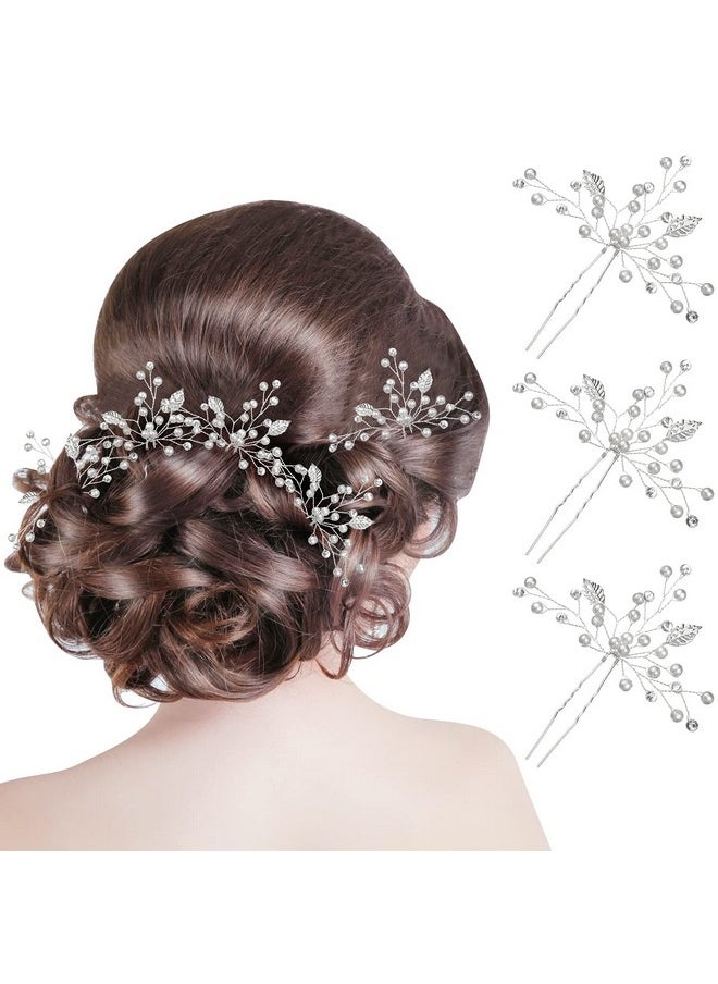 WILLBOND WILLBOND 8 Pcs Bride Wedding Pearls Hair Pins Bridal Leaf Flower Hair Pins Wedding Hair Accessories Rhinestone Bridesmaid Hair Pieces for Women(Silver)  - Image 1