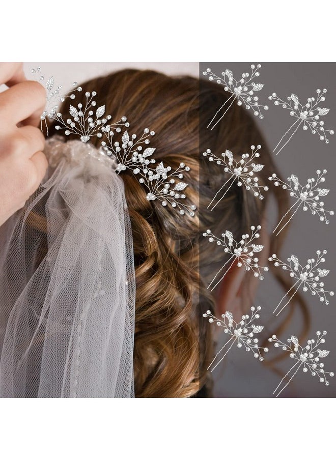 WILLBOND WILLBOND 8 Pcs Bride Wedding Pearls Hair Pins Bridal Leaf Flower Hair Pins Wedding Hair Accessories Rhinestone Bridesmaid Hair Pieces for Women(Silver)  - Image 4