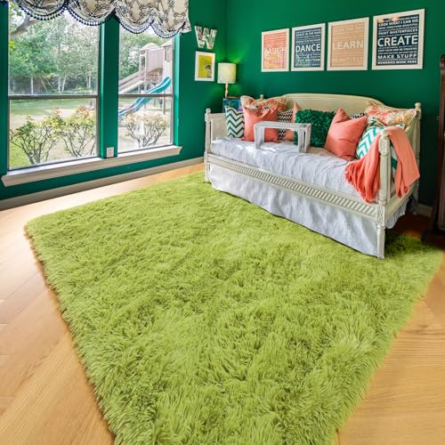 Amdrebio Grass Green Runner Rugs for Bedroom Decor Aesthetic, Fluffy Shag Area Rug 3x5 for Kids Room Living Room Baby Nursery, Cool Shaggy Throw Bedside Fuzzy Plush Carpet, Cute Moss Classroom Playroom Rug - Image 5