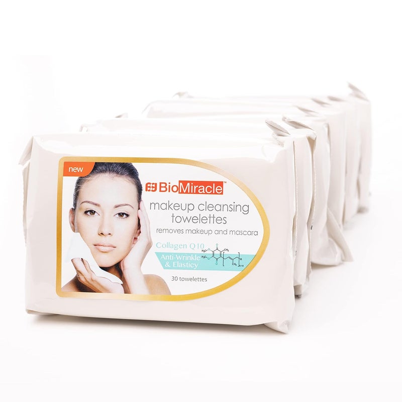 BioMiracle BioMiracle Makeup Cleansing Towelettes Facial Wipes Makeup Remover Q10 Collagen 30ct 6 Pack  Removes Eyeliner EyeShadow Lipstick and Mascara 