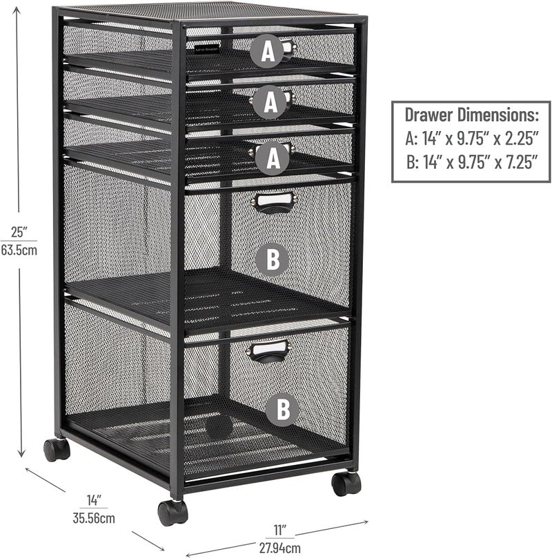 Mind Reader 5TWHEEL-BLK 5-Tiered Cabinet, Rolling Mesh, Metal, File, Utility, Office Storage, Heavy Duty Multi-Purpose Cart, Black 5 Drawer - Image 2
