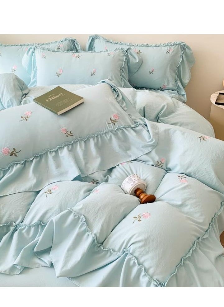 Generic Bed Sheet Style — Four Piece Set Of Washed Cotton Princess Embroidered Bedding  - Image 1