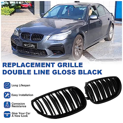 BILLDIO E60 Black Kidney Grille - Double Slats, Glossy Black, Compatible with 2003-2009 BMW 5 Series 520i, 523i, 525i, 528i, 530i, 535i, 550i - Image 2