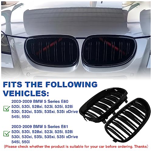 BILLDIO E60 Black Kidney Grille - Double Slats, Glossy Black, Compatible with 2003-2009 BMW 5 Series 520i, 523i, 525i, 528i, 530i, 535i, 550i - Image 4