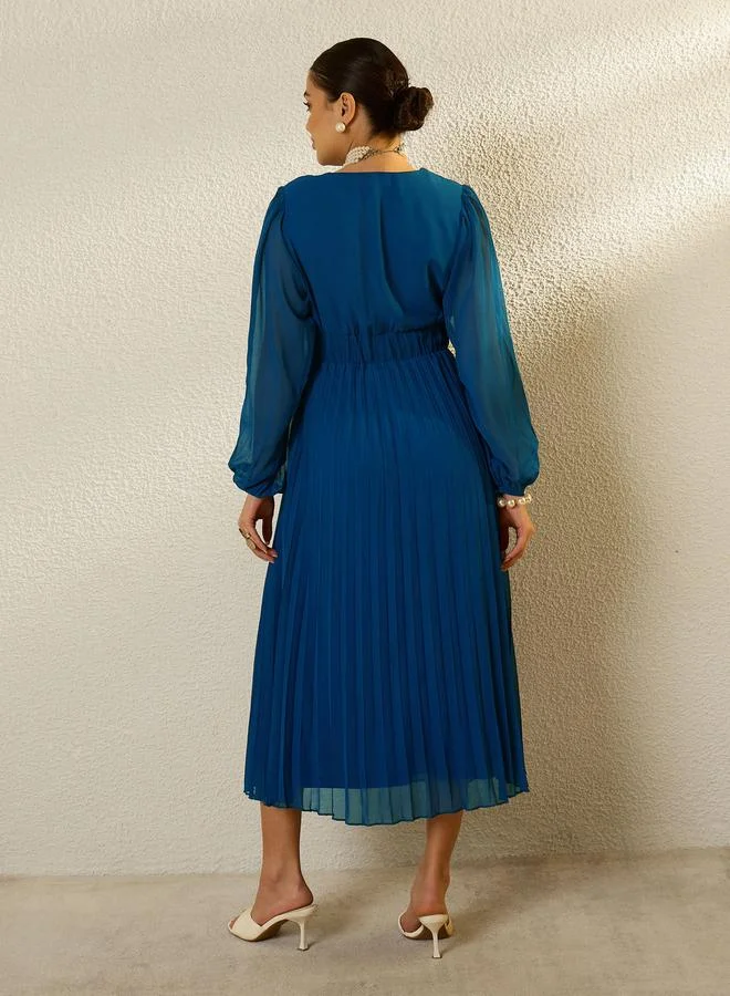Sassafras teal Blue Balloon Sleeve Pleated Midi Dress for Women | Best Price UAE