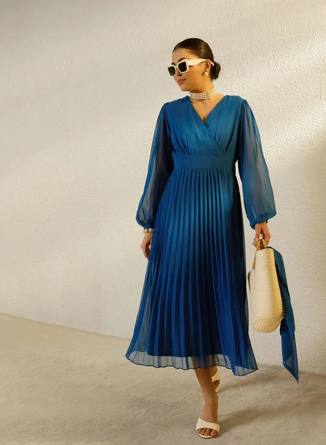 SASSAFRAS Blue Balloon Sleeve Pleated Midi Dress