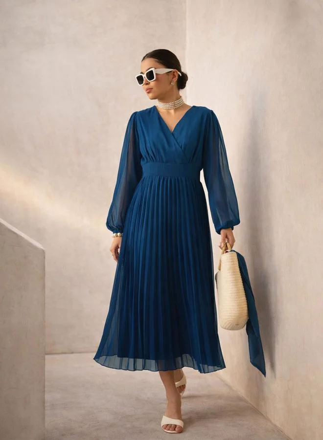 Sassafras teal Blue Balloon Sleeve Pleated Midi Dress for Women | Best Price UAE
