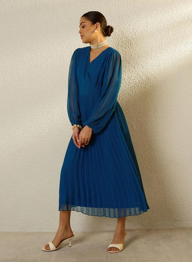 Sassafras teal Blue Balloon Sleeve Pleated Midi Dress for Women | Best Price UAE