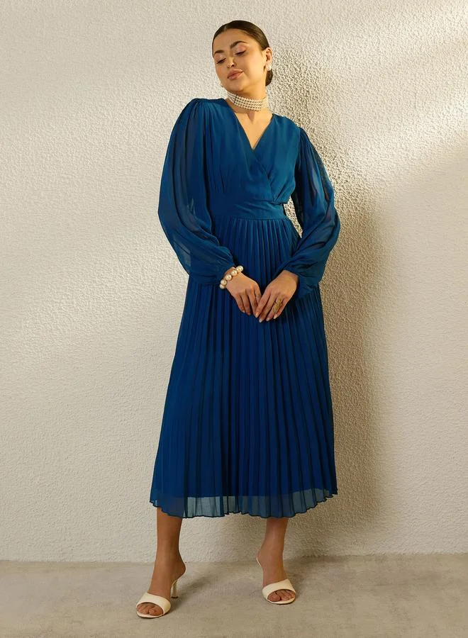 Sassafras teal Blue Balloon Sleeve Pleated Midi Dress for Women | Best Price UAE