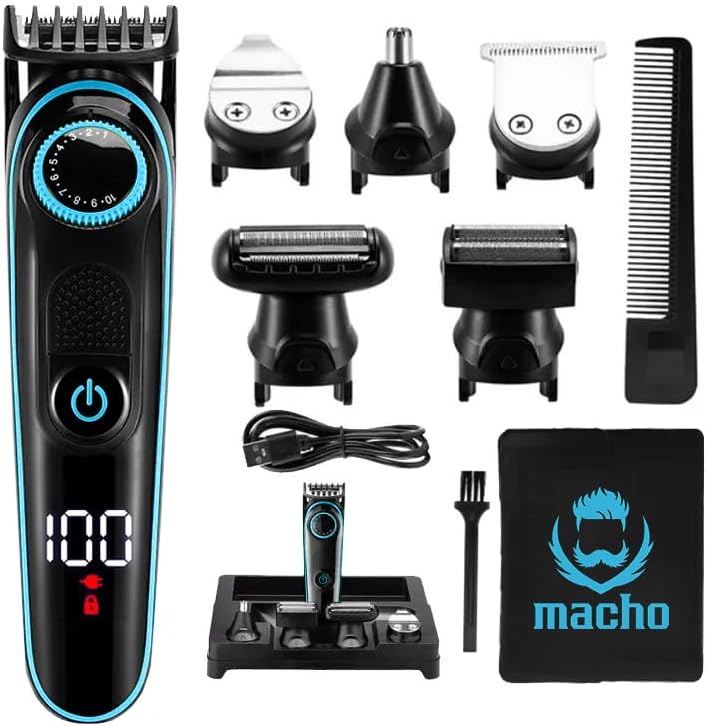 Macho Martial Arts MACHO 5 in 1 Grooming Kit  Hair Trimmer Beard Trimmer Body Trimmer Hair Clipper Ear  Nose Hair Trimmer Electric Razor Shaver Cordless Body Groomer With USB Rechargeable LED Display Black  Blue 