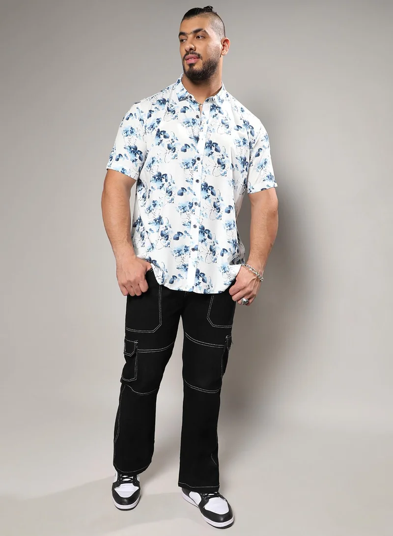 Instafab Plus  Instafab Plus Men's Blue & White Botanical Strokes Shirt For Casual Wear | Spread Collar | Short Sleeve | Button Closure | Heavy Rayon Shirts Crafted With Comfort Fit For Everyday Wear for Men | Best Price UAE
