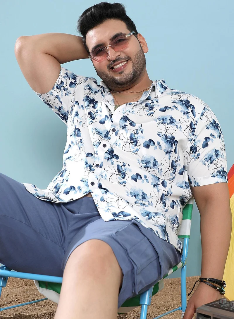 Instafab Plus  Instafab Plus Men's Blue & White Botanical Strokes Shirt For Casual Wear | Spread Collar | Short Sleeve | Button Closure | Heavy Rayon Shirts Crafted With Comfort Fit For Everyday Wear for Men | Best Price UAE