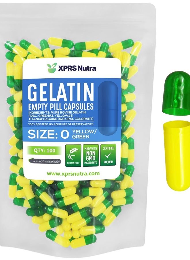 XPRS Nutra Size 0 Empty Capsules - 100 Count Empty Gelatin Capsules - Empty Pill Capsules - DIY Capsule Filling - Pure Bovine Pill Capsules Empty Gel Caps (Green/Yellow) - Image 1