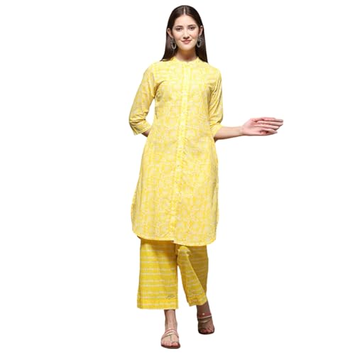 Biba Yellow Cotton Straight Kurta Palazzo Suit Set - Image 1