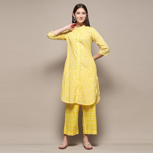 Biba Yellow Cotton Straight Kurta Palazzo Suit Set - Image 5