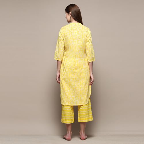Biba Yellow Cotton Straight Kurta Palazzo Suit Set - Image 3