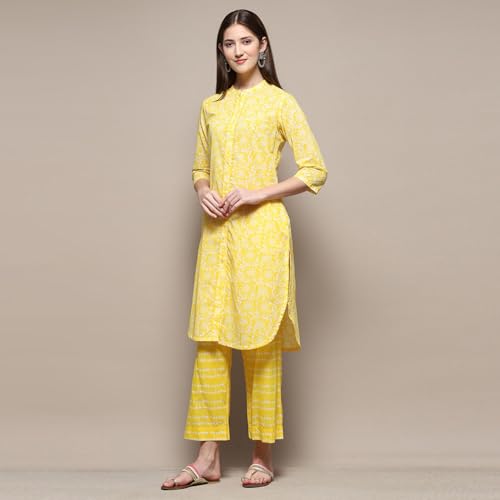 Biba Yellow Cotton Straight Kurta Palazzo Suit Set - Image 2