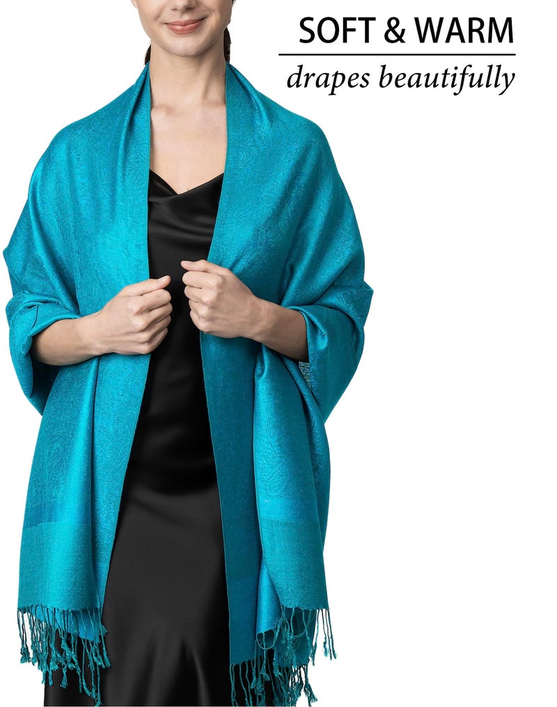 Achillea Two Tone Vintage Jacquard Paisley Pashmina Shawl Wrap Scarf (Aqua) - Image 2