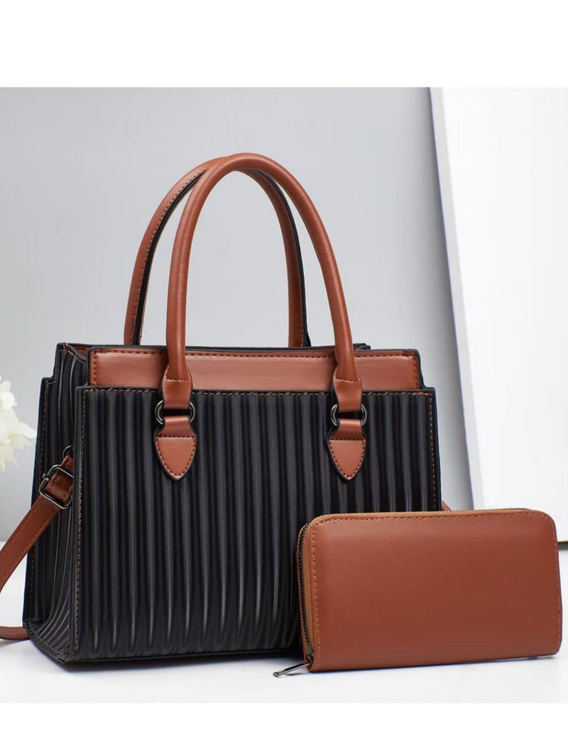 Korean Style Handbag For Women Retro Stripesd Embossed Large Capacity Contrasting Color Single Shoulder Crossbody Tote Bag - Image 3