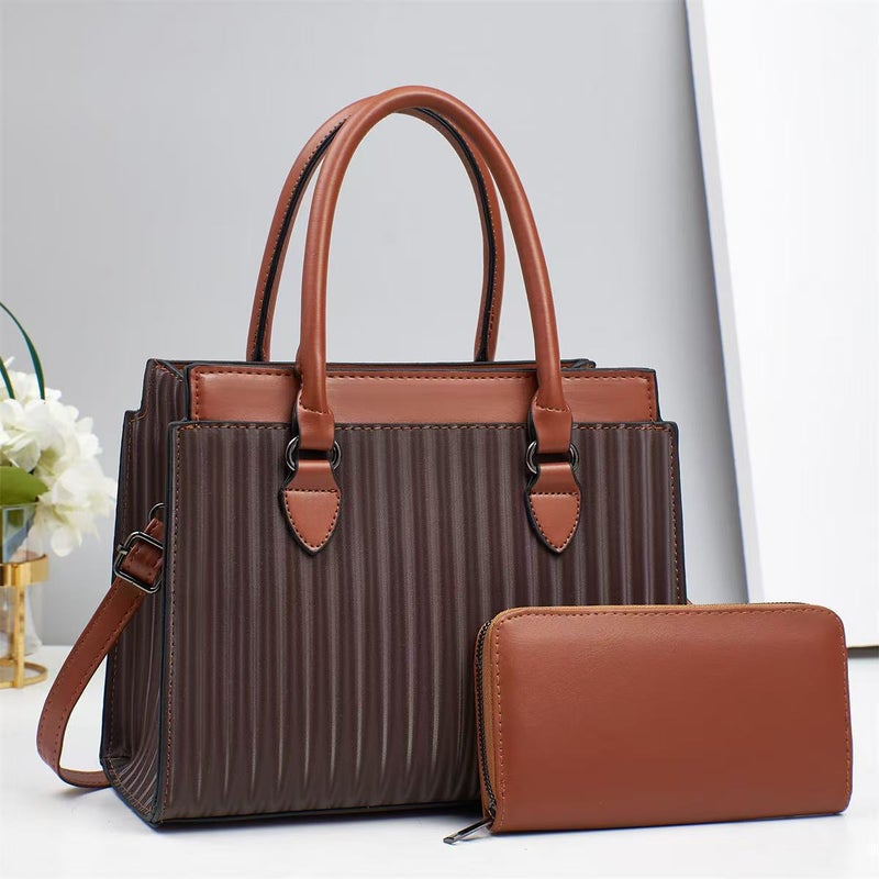 Korean Style Handbag For Women Retro Stripesd Embossed Large Capacity Contrasting Color Single Shoulder Crossbody Tote Bag - Image 1