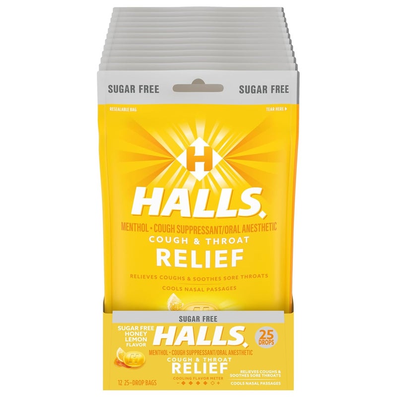 Halls HALLS Relief Honey Lemon Sugar Free Cough Drops, 12 Bags of 25 Drops (300 Total Drops)