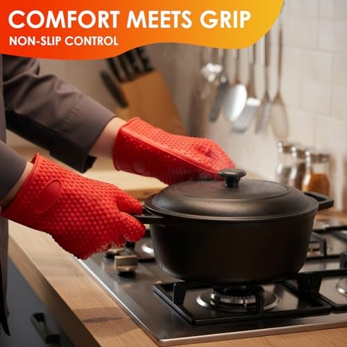 KARP Silicone BBQ Gloves, Heat Resistant Cooking Pinch Mitts, Microwave Oven Hand Gloves, Baking Oven Gloves, Kitchen Heat Resistant Solution (Red) - Image 4