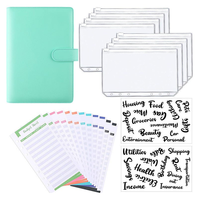 PU Leather Notebook Binder Budget Planner Binder Cover with Binder Pocket Personal Cash Budget Envelopes System 6 Hole Binder Zipper Folder (Green Cover with Clear Sheet,A6) - Image 1