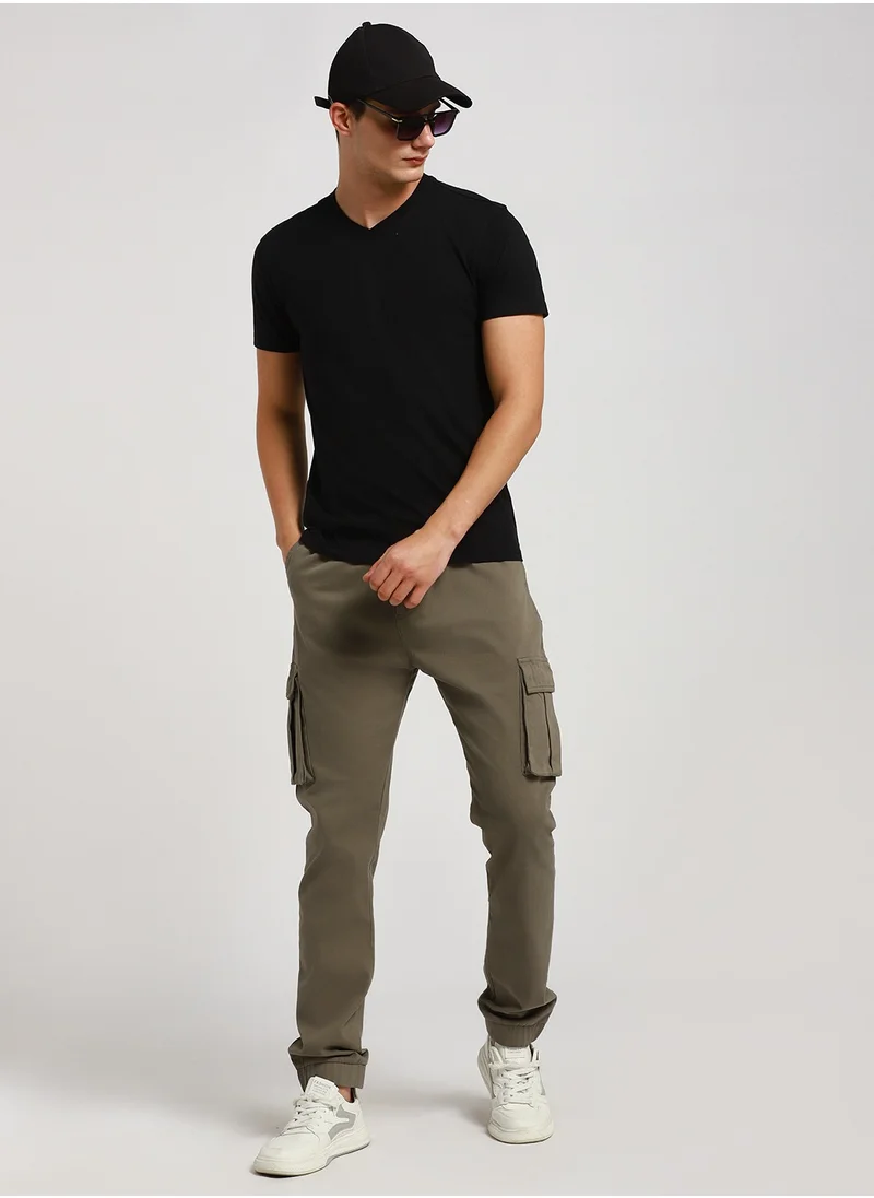 Dennis Lingo Taupe Slim Fit Solid Trouser for Men - Cotton Blend, Full Length, Button & Zip, Mid Rise, Casual