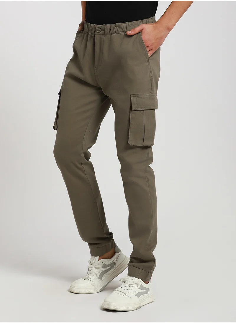 Dennis Lingo Taupe Slim Fit Solid Trouser for Men - Cotton Blend, Full Length, Button & Zip, Mid Rise, Casual