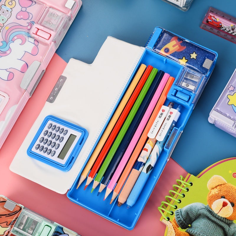 Pencil Box: 24.5*9*4 CM Blue - Built-In Flip-Up Calculator, One-Click Pop-Up Pencil Sharpener Compartment, Multi-Space Storage for Kids School Use - Image 4