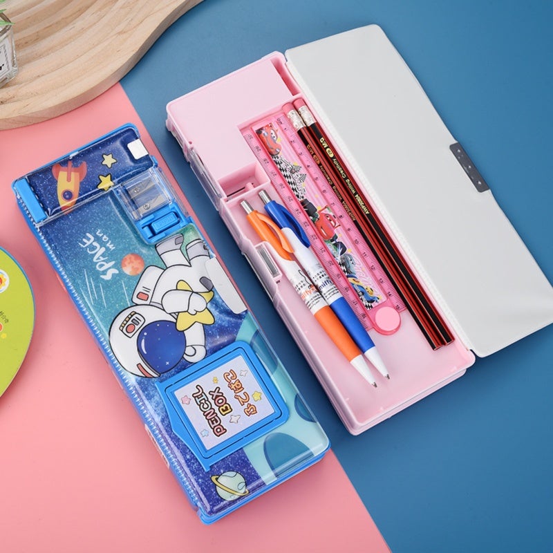 Pencil Box: 24.5*9*4 CM Blue - Built-In Flip-Up Calculator, One-Click Pop-Up Pencil Sharpener Compartment, Multi-Space Storage for Kids School Use - Image 3