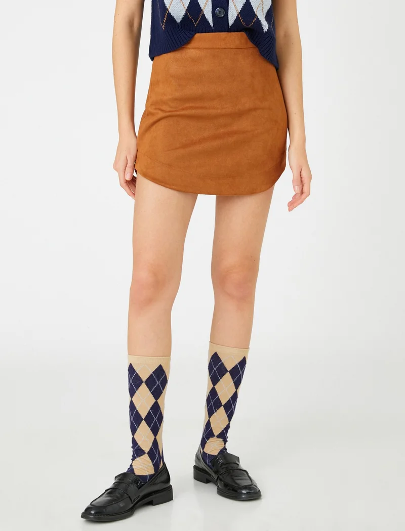كوتون Mini Skirt Suede Look High Waist Asymmetrical Cut