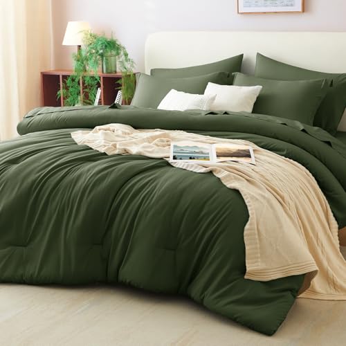 CozyLux King Size Comforter Set Olive Green, 7 Pieces Bed in a Bag King Comforter Set with Sheets, Luxury Bedding Sets with Down Alternative Comforter, Fitted Sheet, Flat Sheet, Pillowcases & Shams - Image 1