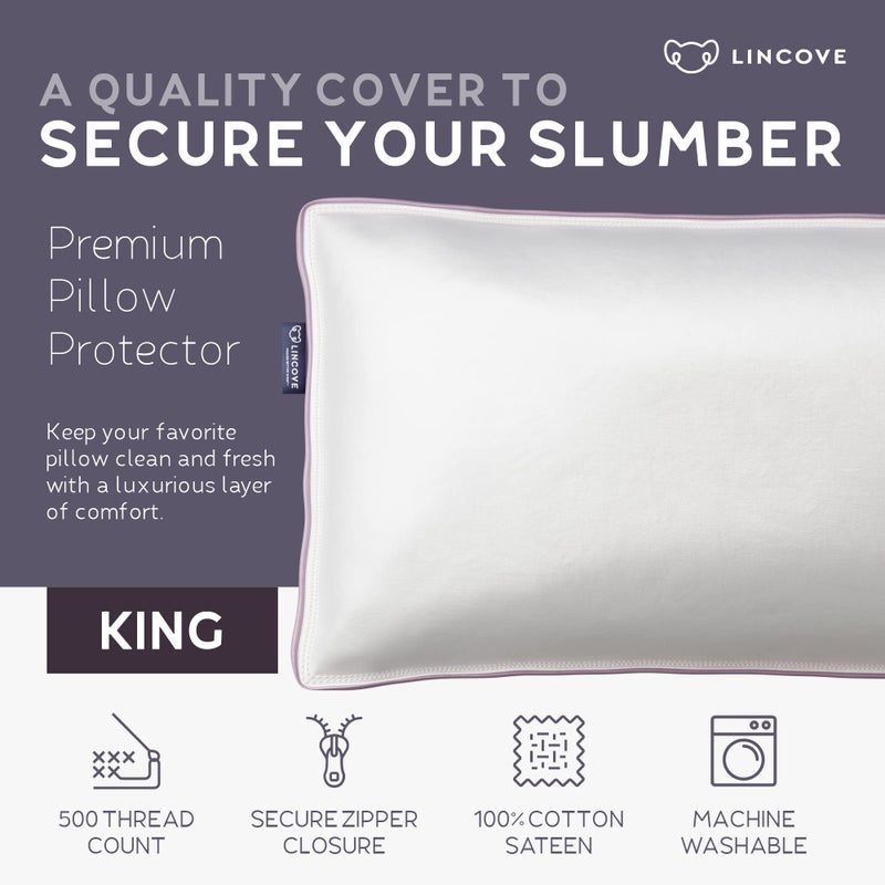 Lincove Lincove 100% Cotton Sateen Pillow Protector Cover - Zipper Pillow Cover - 500 Thread Count Luxury Cotton - Zippered Dust Pillow Protector Bed Pillow Case  King Size  20 x36  - 2 Pack  - Image 2