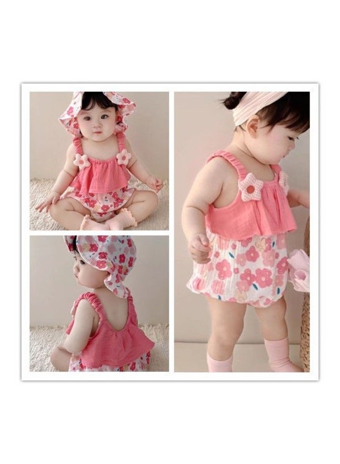A.M Super cute baby summer clothes thin jumpsuit romper crawling clothes full moon 100 days newborn sling  Pink star sling With Hat - Image 1