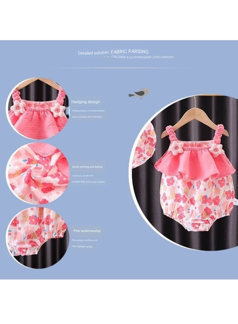 A.M Super cute baby summer clothes thin jumpsuit romper crawling clothes full moon 100 days newborn sling  Pink star sling With Hat - Image 2