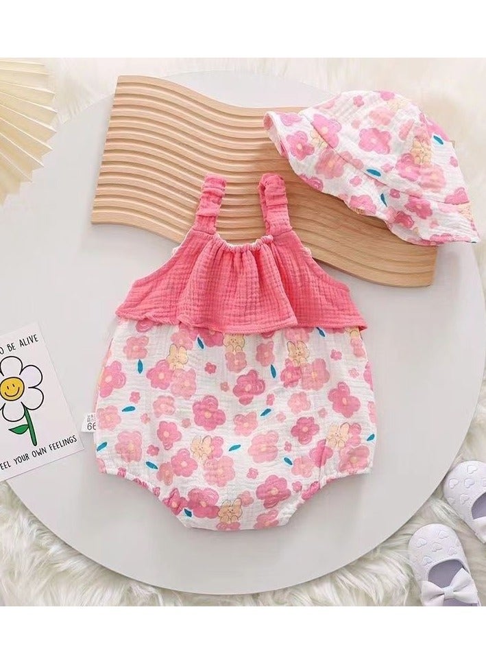 A.M Super cute baby summer clothes thin jumpsuit romper crawling clothes full moon 100 days newborn sling  Pink star sling With Hat - Image 5