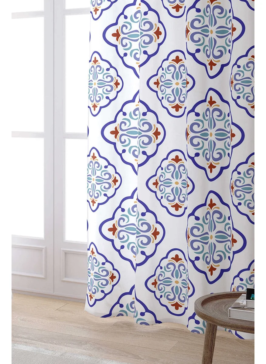 Cango Home White Blue Modern Ethnic Tile Patterned Digital Printed Curtain CGH573-PR