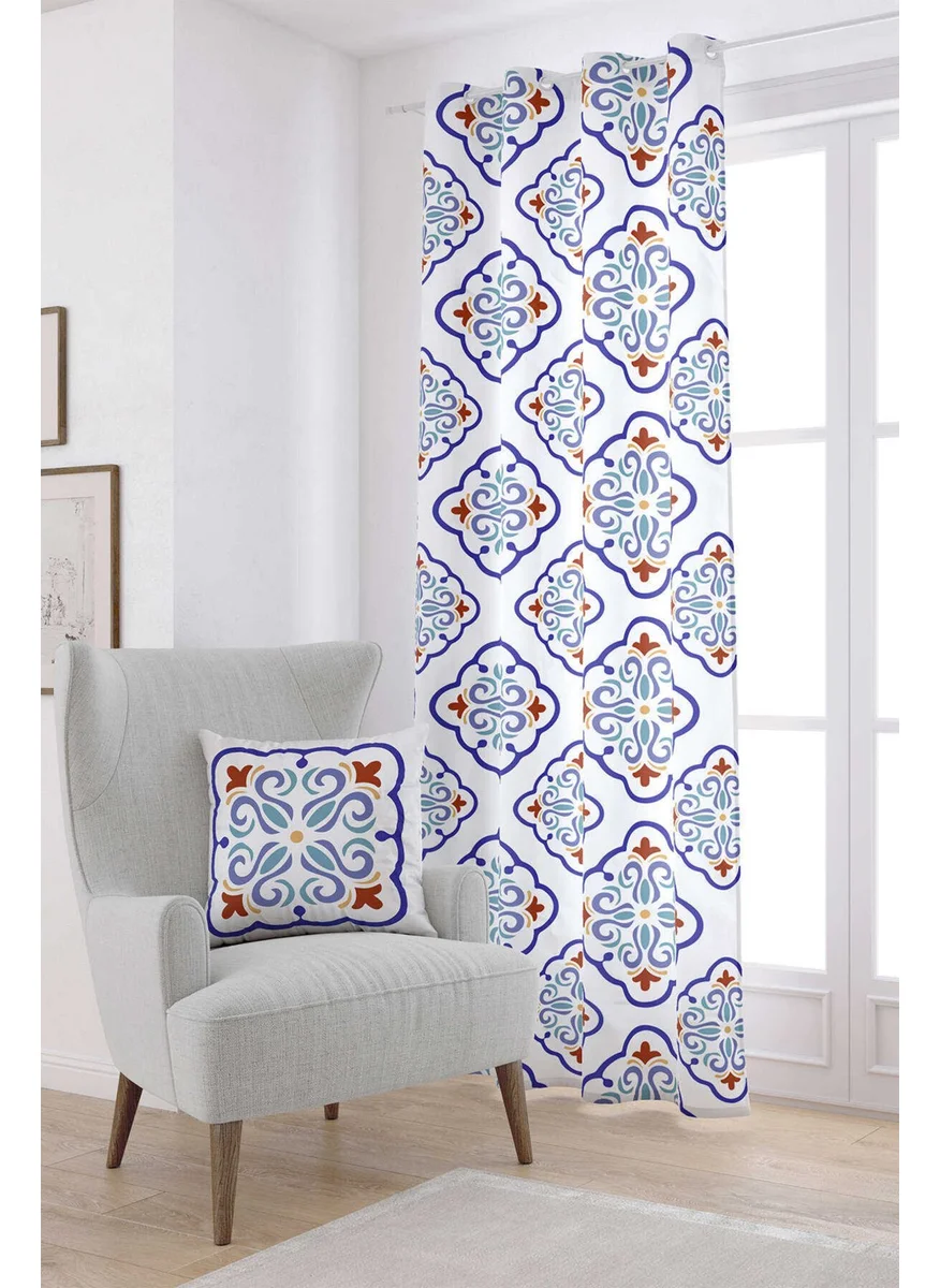 Cango Home White Blue Modern Ethnic Tile Patterned Digital Printed Curtain CGH573-PR