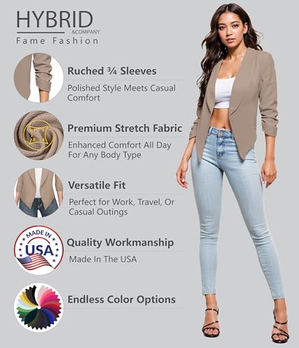 Hybrid & Company Lightweight Open Front Cardigan Classic Ruched Sleeve Work Office Blazer Suit Jackets JK1133 Beige M - Image 3