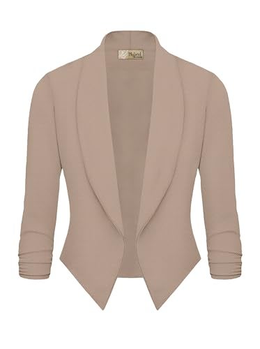 Hybrid & Company Lightweight Open Front Cardigan Classic Ruched Sleeve Work Office Blazer Suit Jackets JK1133 Beige M - Image 2