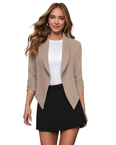 Hybrid & Company Lightweight Open Front Cardigan Classic Ruched Sleeve Work Office Blazer Suit Jackets JK1133 Beige M - Image 1