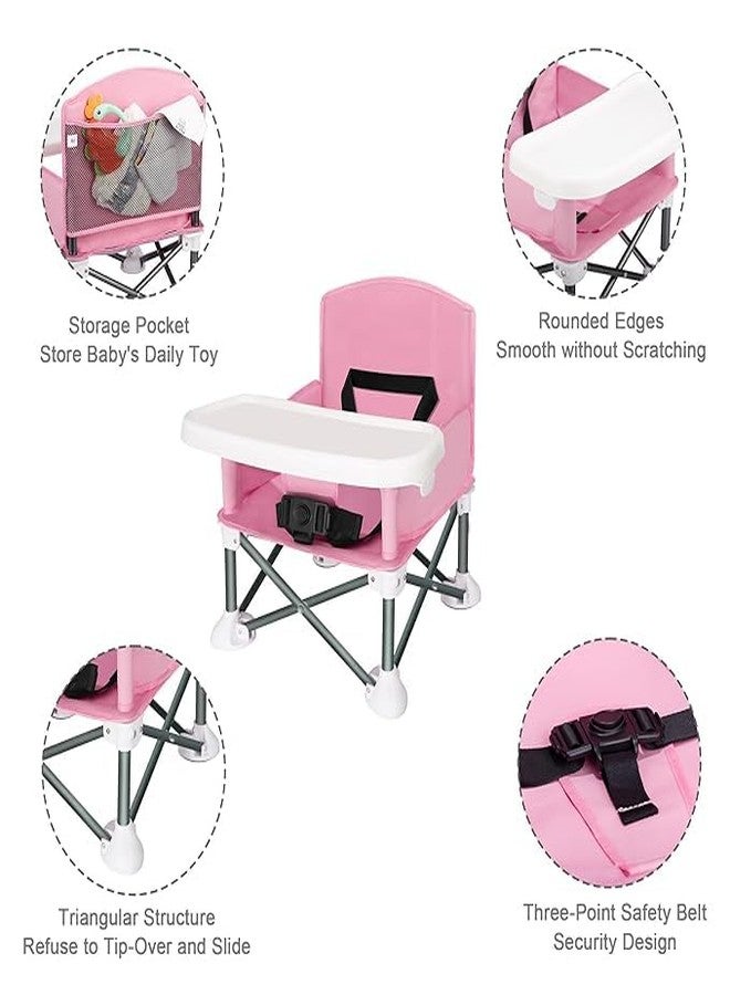Birud Portable Space Saver High Chair - Toddler Booster Seat - Folding Booster Feeding Chair - Safety Belt/Food Tray/Travel Bag - Pink - Image 4