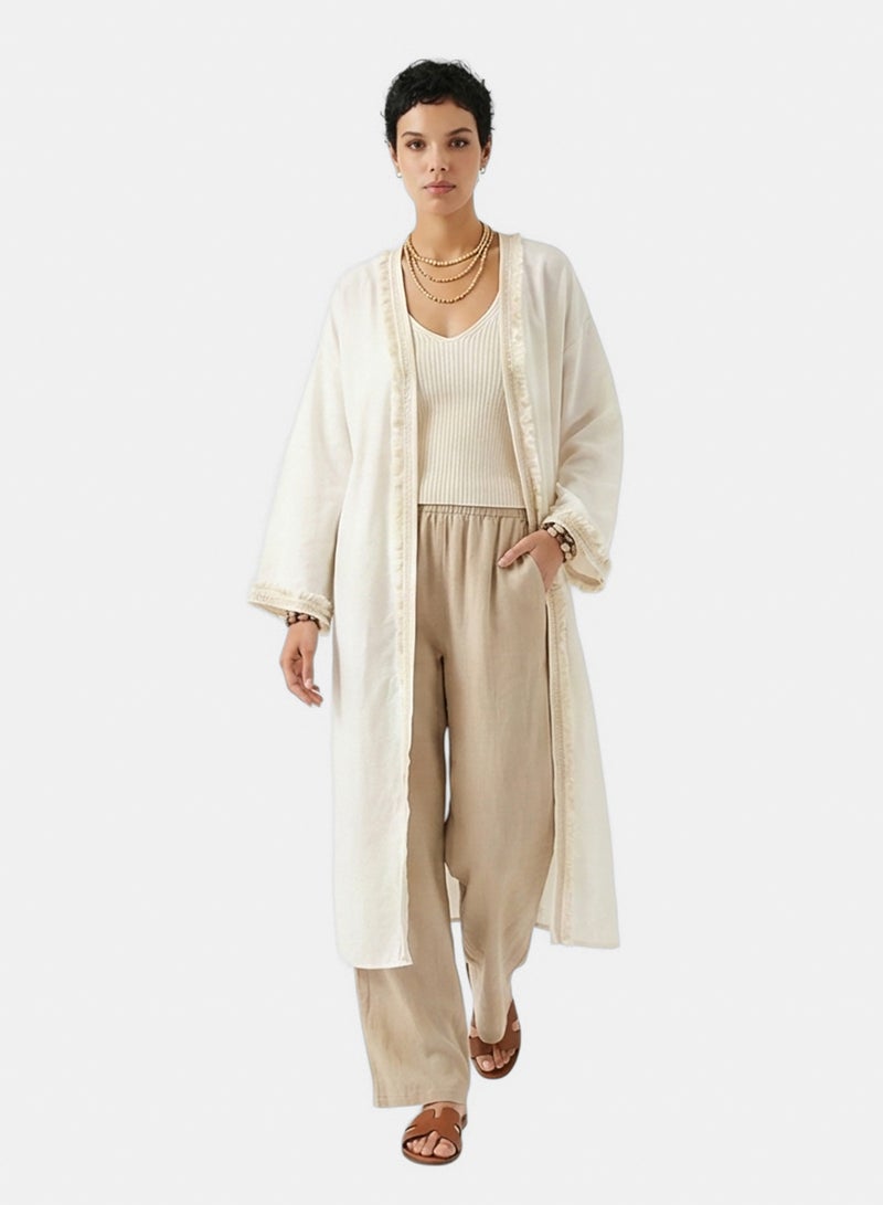 RAVIN Women Cream Lightweight Longline Fringed Cardigan - Image 3