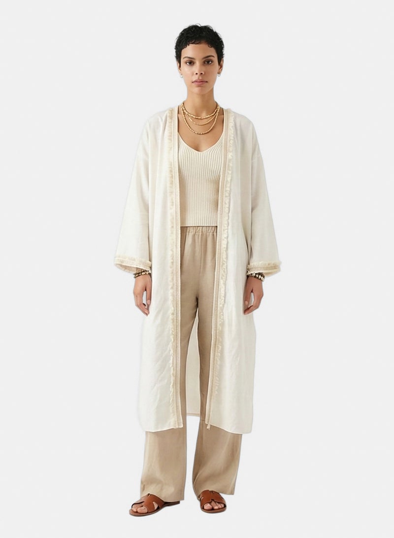 RAVIN Women Cream Lightweight Longline Fringed Cardigan - Image 1