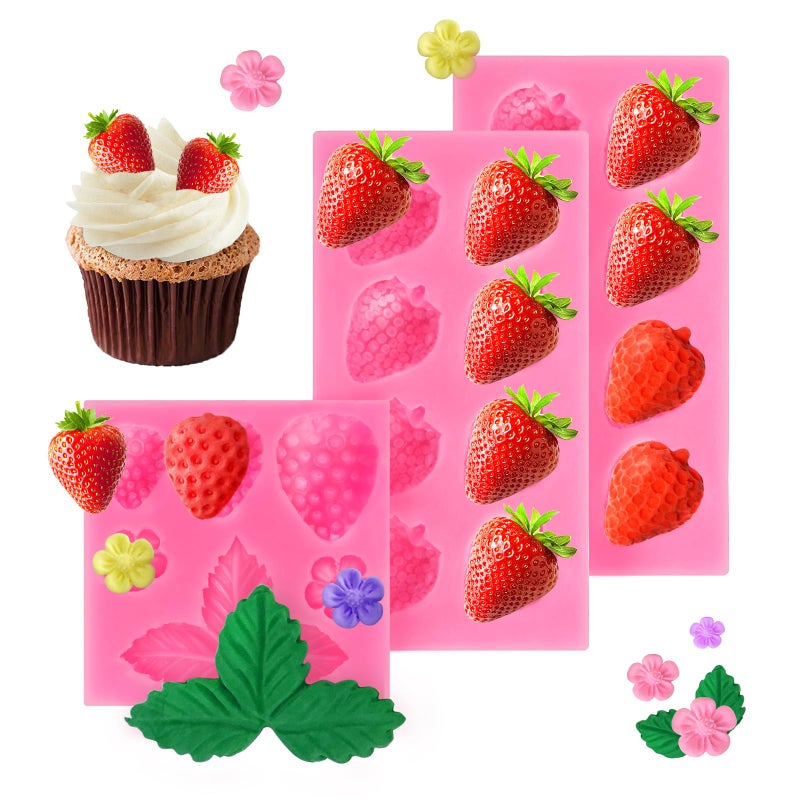 Roxjaejae 3 Pcs Strawberry Mold 3D Strawberry Baking Mold DIY Strawberry Silicone Mold Fruit Fondant Strawberry Chocolate Mold for Cupcake Strawberry Shortcake Cake Topper Decoration Candy Jelly Fondant Clay - Image 1